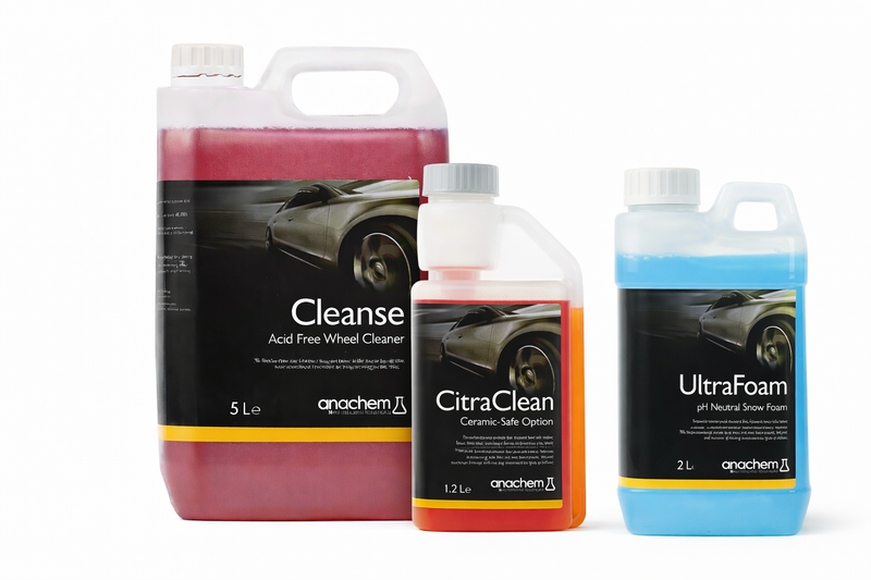 Cleanse wheel cleaner, CitraClean ceramic-safe pre-wash, and UltraFoam snow foam shown together for winter car washing.

