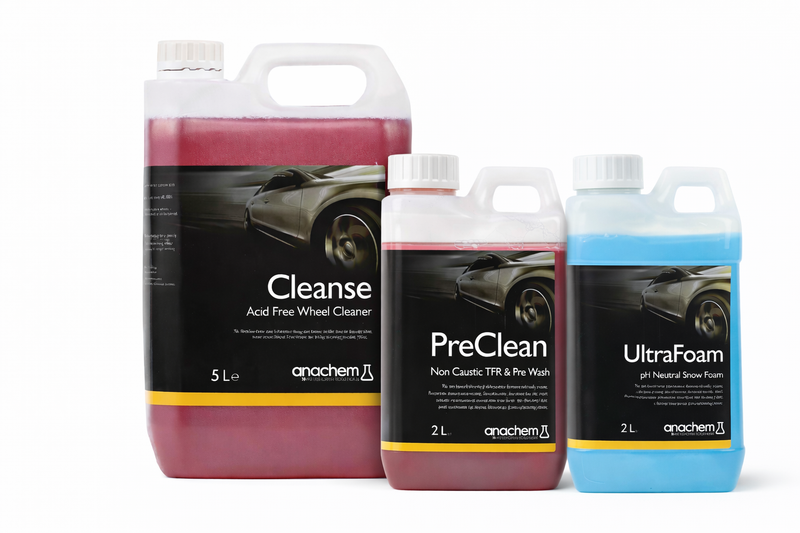Cleanse wheel cleaner, PreClean pre-wash, and UltraFoam snow foam shown together as a winter car wash system.
