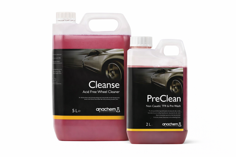 Cleanse acid-free wheel cleaner and PreClean non-caustic pre-wash displayed together on a white background.