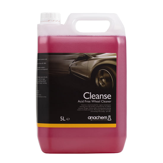 Anachem Automotive Cleanse 5L - Cleanse is our most cost effective wheel cleaner.  Ideal as an everyday wheel cleaner, when more expensive products like Purge - our pH balanced iron fallout remover which has been designed to safely dissolve iron contaminants and brake dust from all surfaces - is overkill for weekly maintenance washing.